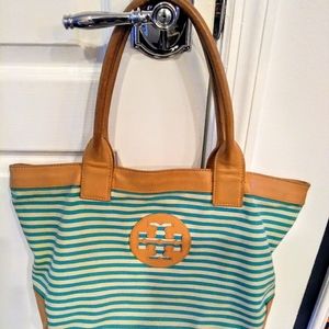 Tory Burch striped green canvas tan leather tote bag